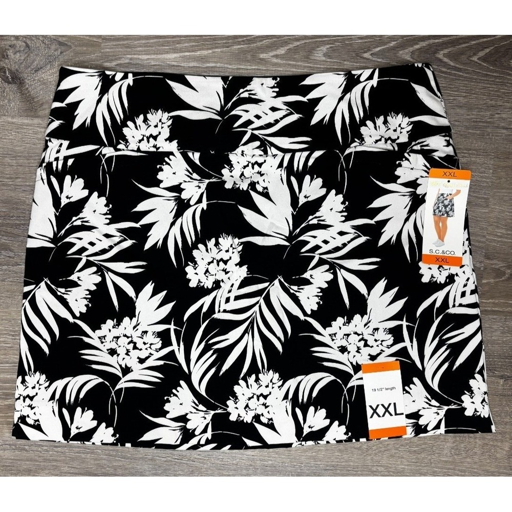 SC & Co 360 Tummy Control Skort XXL Black White Tropical Floral Print Skirt NEW